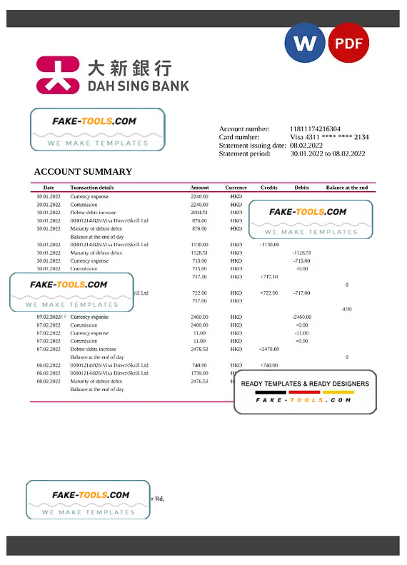 Hong Kong DAH Sing Bank statement Word and PDF template