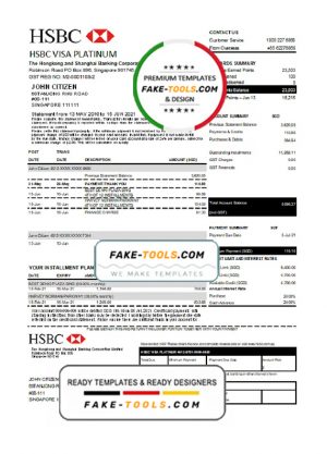 Hong Kong HSBC bank Visa Platinum credit card statement template in .xls and .pdf file format