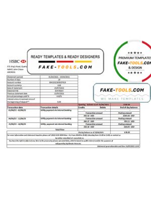 Hong Kong HSBC bank statement easy to fill template in .xls and .pdf file format