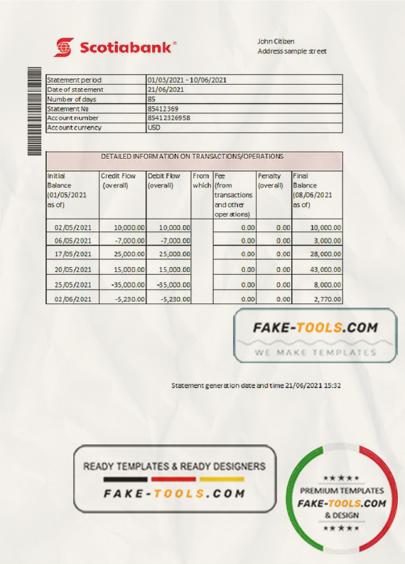 Hong Kong Scotiabank bank statement easy to fill template in Excel and PDF format scan effect