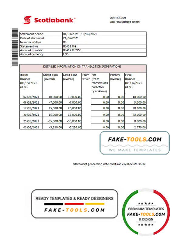Hong Kong Scotiabank bank statement easy to fill template in Excel and PDF format