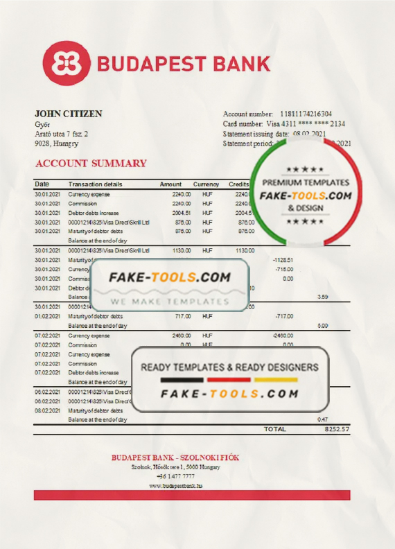Hungary Budapest Bank - Szolnoki Fiók bank statement easy to fill template in .xls and .pdf file format scan effect