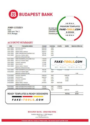 Hungary Budapest Bank – Szolnoki Fiók bank statement template in Word and PDF format