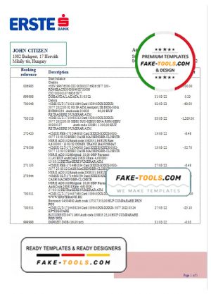 Hungary Erste Bank statement template in Word and PDF format