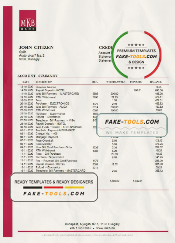 Hungary MKB Bank statement template in Word and PDF format scan effect