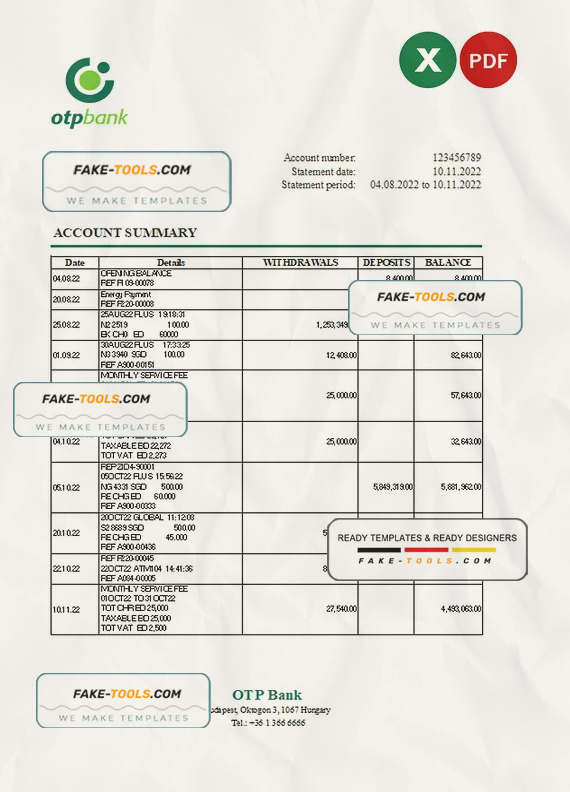 Hungary OTP bank statement Excel and PDF template scan effect
