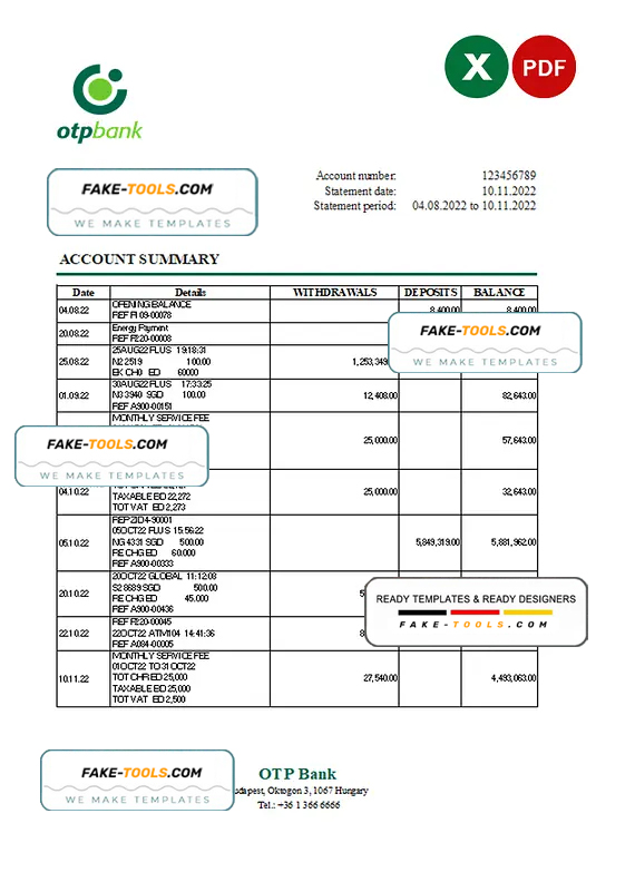 Hungary OTP bank statement Excel and PDF template