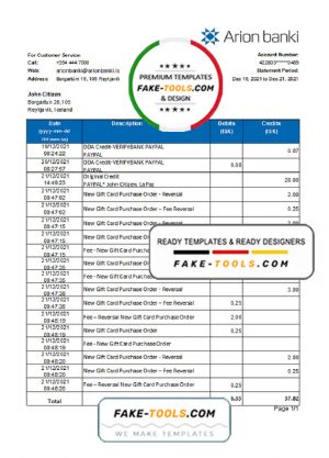 Iceland Arion Bank statement easy to fill template in .xls and .pdf file format