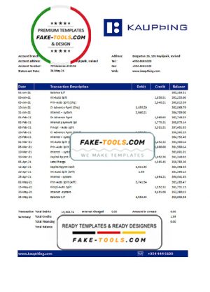 Iceland Kaupthing Bank statement easy to fill template in Excel and PDF format