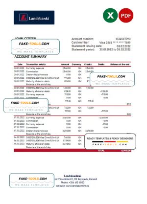 Iceland Landsbankinn bank statement Excel and PDF template Iceland Landsbankinn bank statement Excel and PDF template