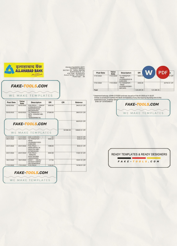 India Allahabad Bank statement, Word and PDF template, 2 pages scan effect