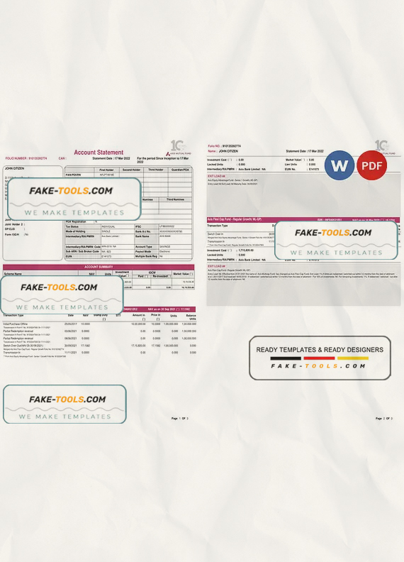 India Axis bank statement, Word and PDF template, 3 pages