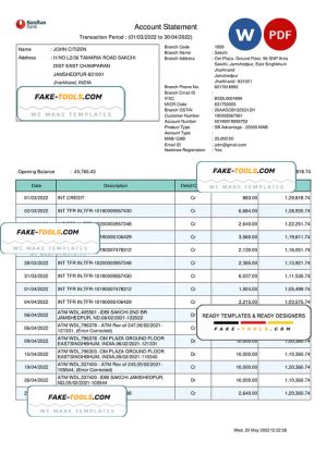 India Bandhan bank statement, Word and PDF template India Bandhan bank statement, Word and PDF template