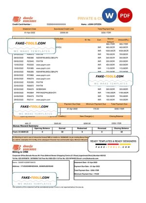 India Bank of Baroda BOBCARDS bank statement, Word and PDF template India Bank of Baroda BOBCARDS bank statement, Word and PDF template