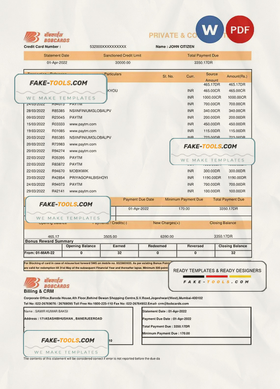India Bank of Baroda BOBCARDS bank statement, Word and PDF template scan effect