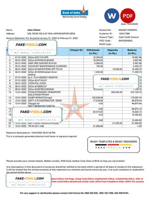 India Bank of India bank statement Word and PDF template India Bank of India bank statement Word and PDF template