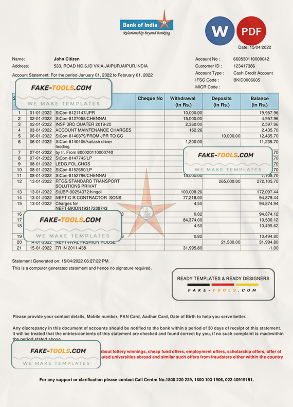 India Bank of India bank statement Word and PDF template scan effect