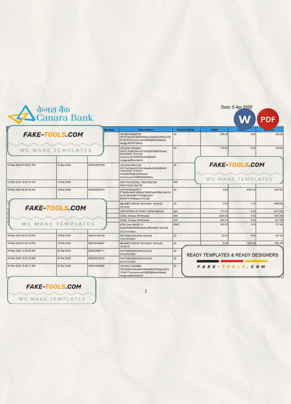 India Canara bank statement, Word and PDF template, 5 pages scan effect