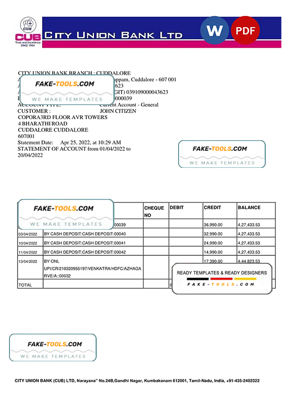 India City Union Bank statement, Word and PDF template