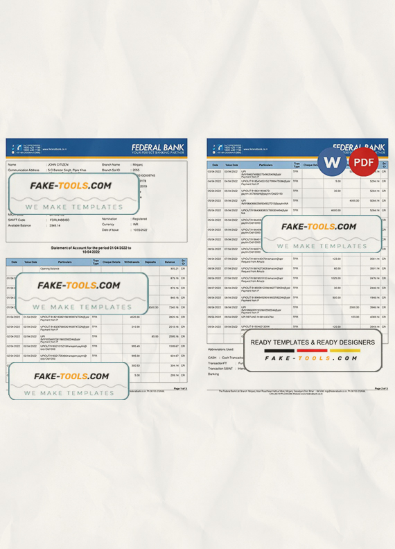 India Federal bank account statement, Word and PDF template, 3 pages scan effect