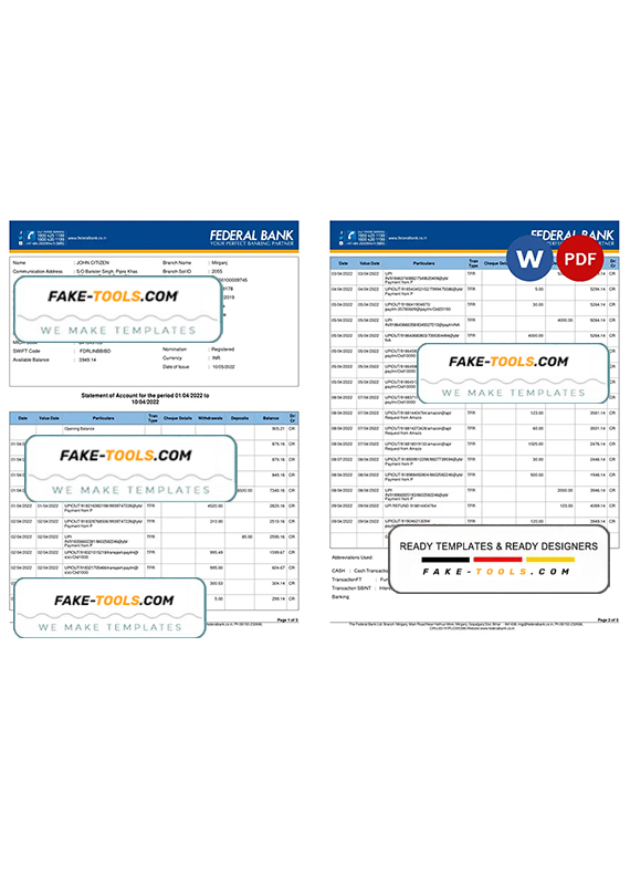 India Federal bank account statement, Word and PDF template, 3 pages