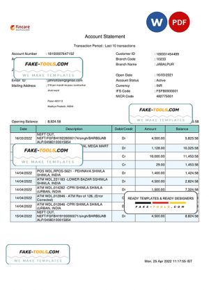 India Fincare bank account statement, Word and PDF template India Fincare bank account statement, Word and PDF template
