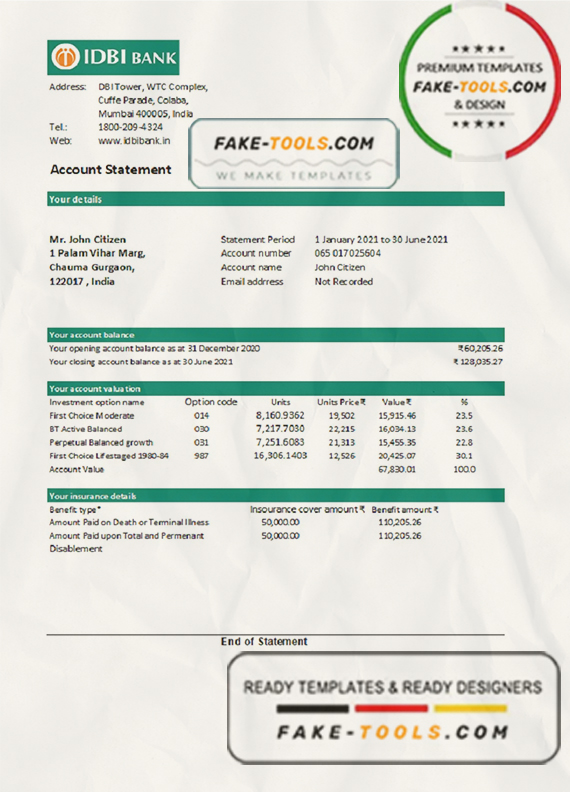 India IDBI bank statement easy to fill template in Excel and PDF format scan effect