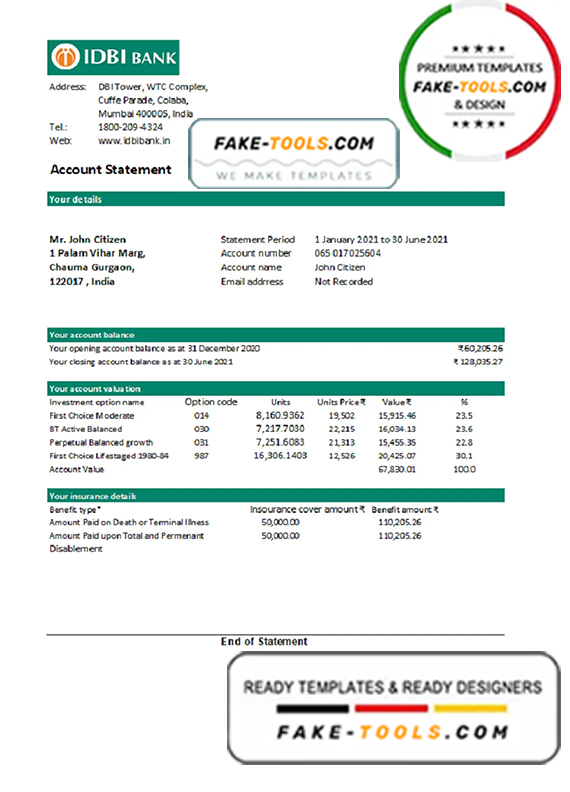 India IDBI bank statement easy to fill template in Excel and PDF format