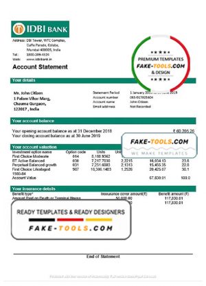 India IDBI bank statement template, Word and PDF format (.doc and .pdf)