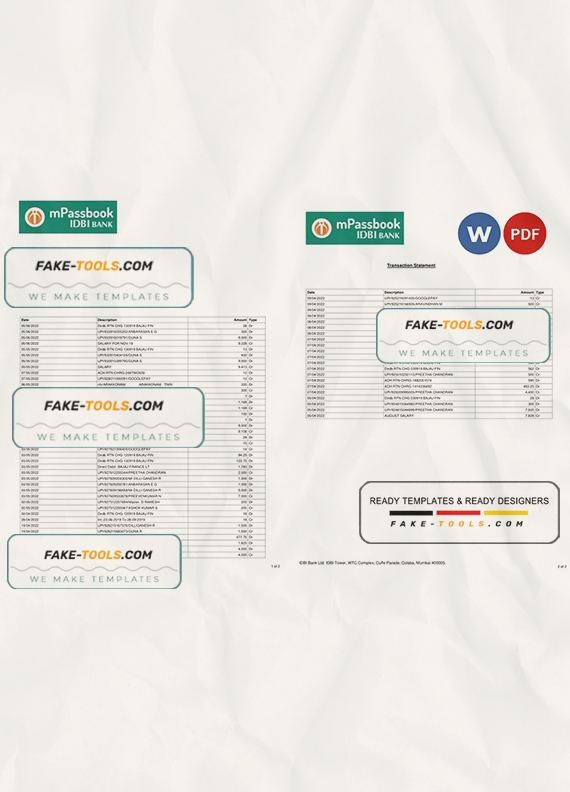 India IDBI bank statement, Word and PDF template, 2 pages scan effect