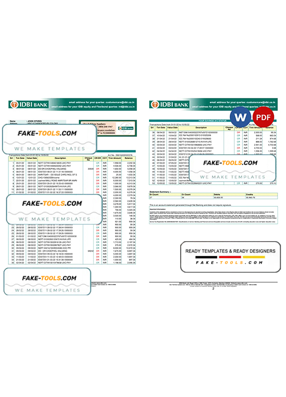 India IDBI bank statement, Word and PDF template, 2 pages