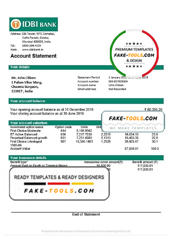 India IDBI bank statement template, Word and PDF format (.doc and .pdf)