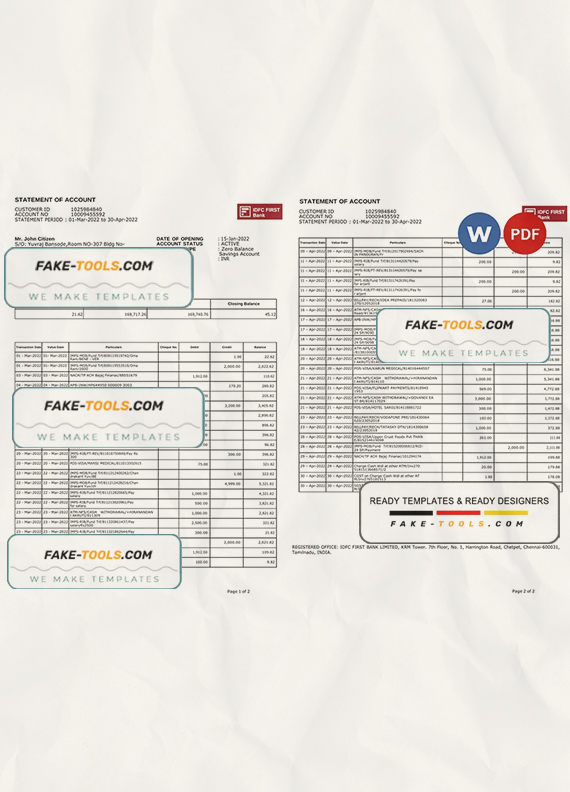 India IDFC First bank statement Word and PDF template, 2 pages scan effect