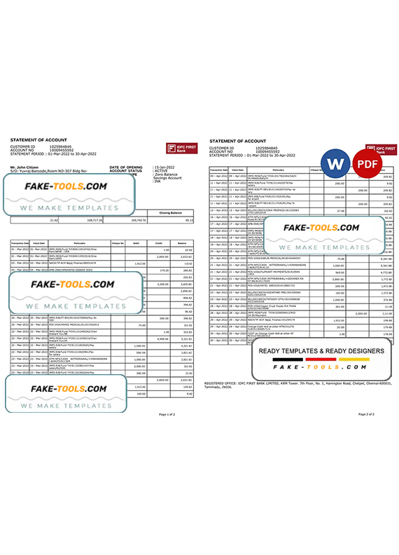 India IDFC First bank statement Word and PDF template, 2 pages