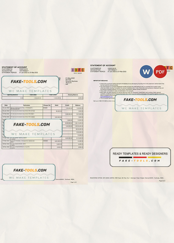 India IDFC bank statement Word and PDF template, 2 pages, version 2 scan effect