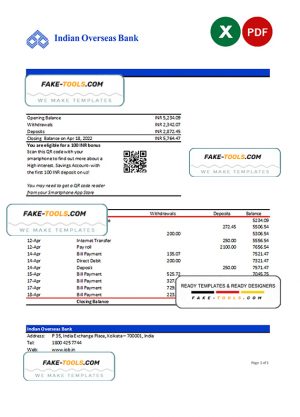India Indian Overseas Bank statement Excel and PDF template