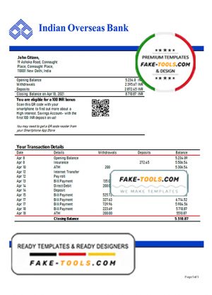 India Indian Overseas Bank statement template in Word and PDF format