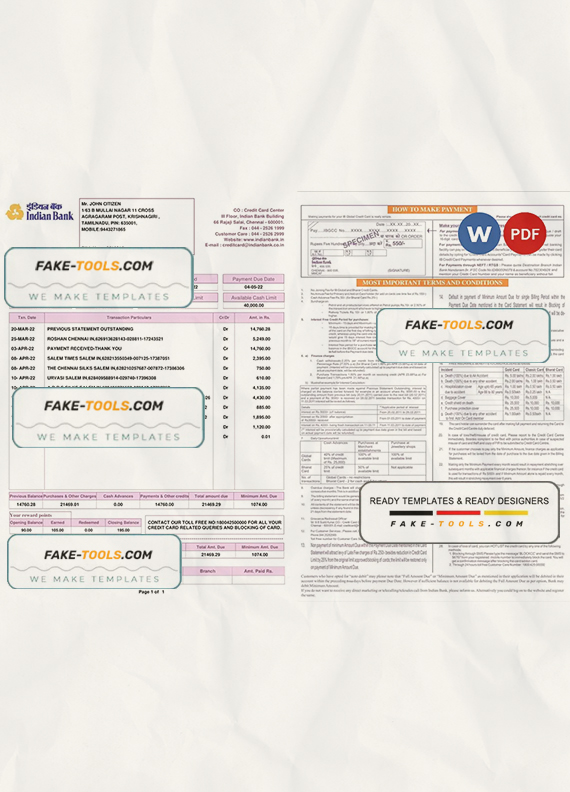 India Indian bank credit card statement, Word and PDF template, 2 pages scan effect