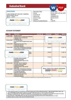 India IndusInd bank statement, Word and PDF template