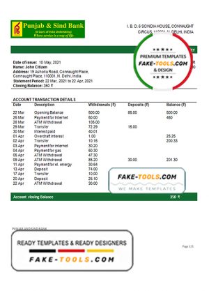 India Punjab National Bank statement Word and PDF template, 2 pages