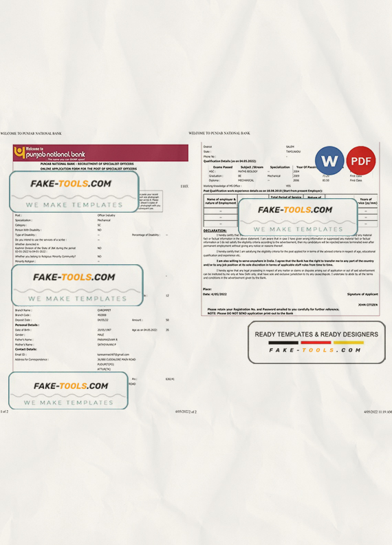 India Punjab National Bank statement Word and PDF template, 2 pages, version 2 scan effect