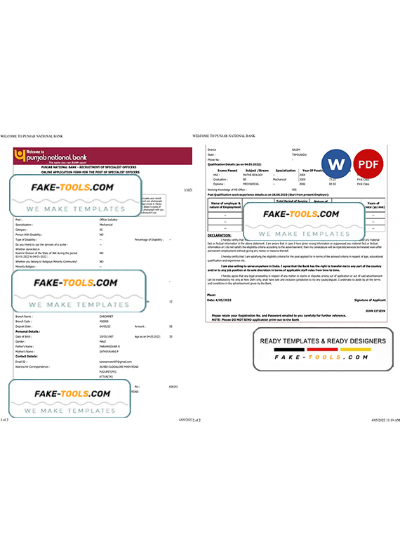 India Punjab National Bank statement Word and PDF template, 2 pages, version 2