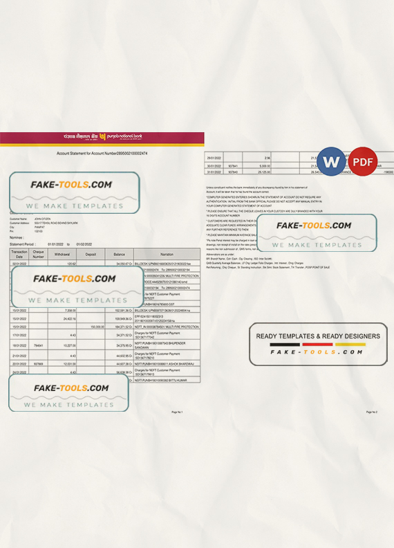 India Punjab National Bank statement Word and PDF template, 2 pages, version 2 scan effect