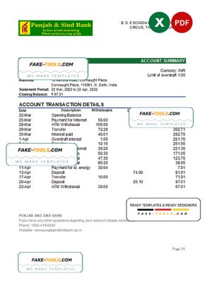 India Punjab and Sind bank statement Excel and PDF template