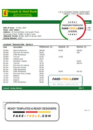 India Punjab and Sind Bank statement template in Word and PDF format
