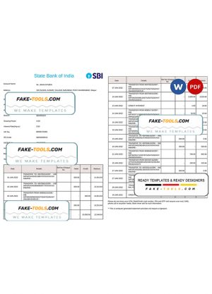 India State Bank of India (SBI) bank statement Word and PDF template, 2 pages