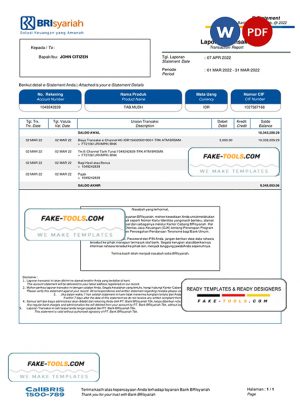 Indonesia BRIsyariah bank e-Statement, Word and PDF template Indonesia BRIsyariah bank e-Statement, Word and PDF template