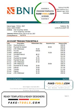 Indonesia Bank Negara Indonesia (BNI) bank statement easy to fill template in Excel and PDF format
