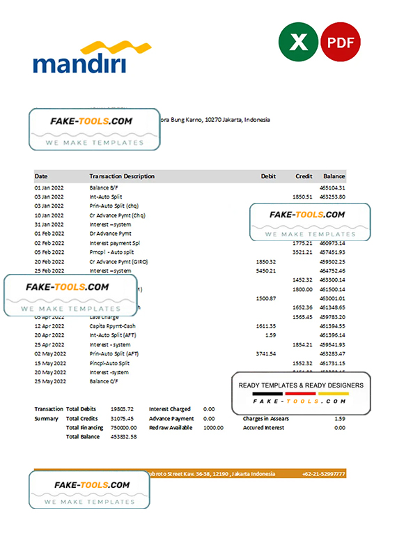 Indonesia Mandiri bank statement Excel and PDF template