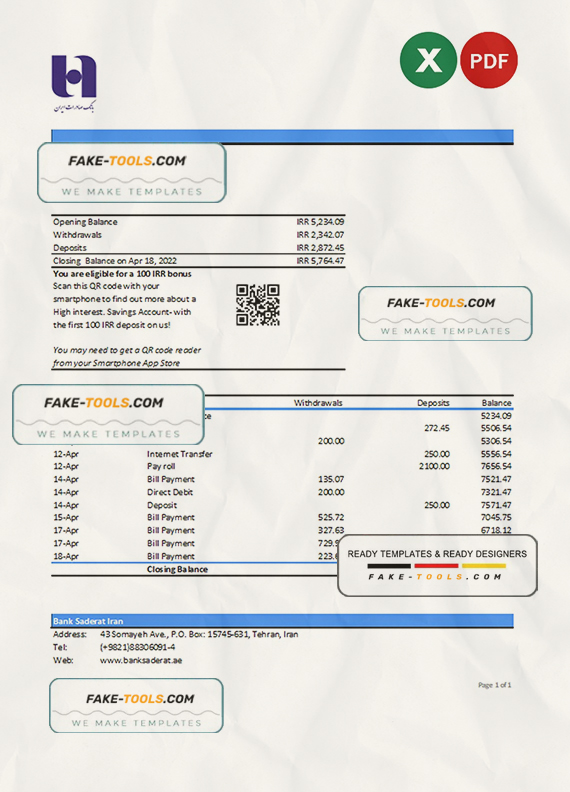 Iran Bank Sederat Iran statement Excel and PDF template scan effect